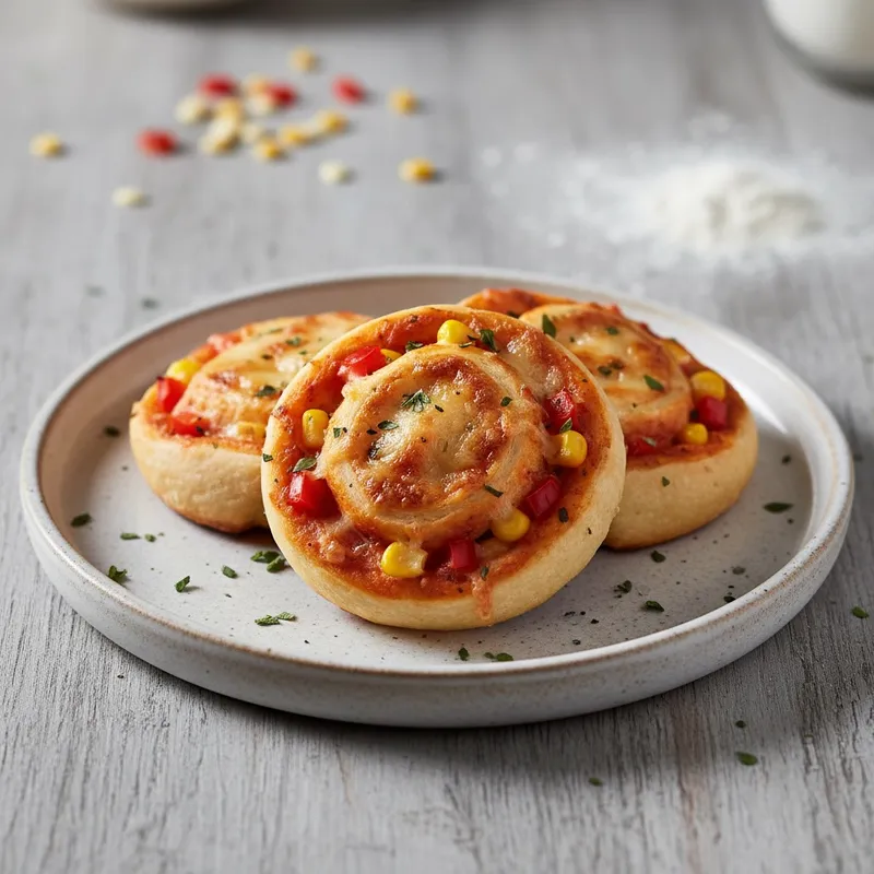 Drei goldbraun gebackene Pizzaschnecken auf einem hellen Teller, belegt mit Tomatensauce, geschmolzenem Käse, Mais und roten Paprikastücken.