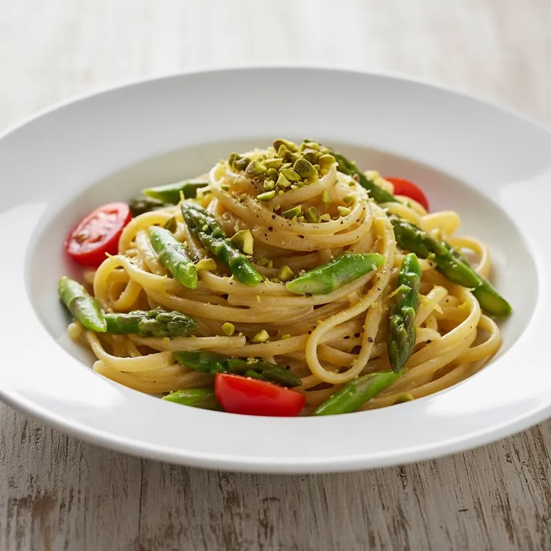 Ein Teller Linguine mit grünem Spargel und Kirschtomaten, garniert mit gehackten Pistazien und Zitronenabrieb.