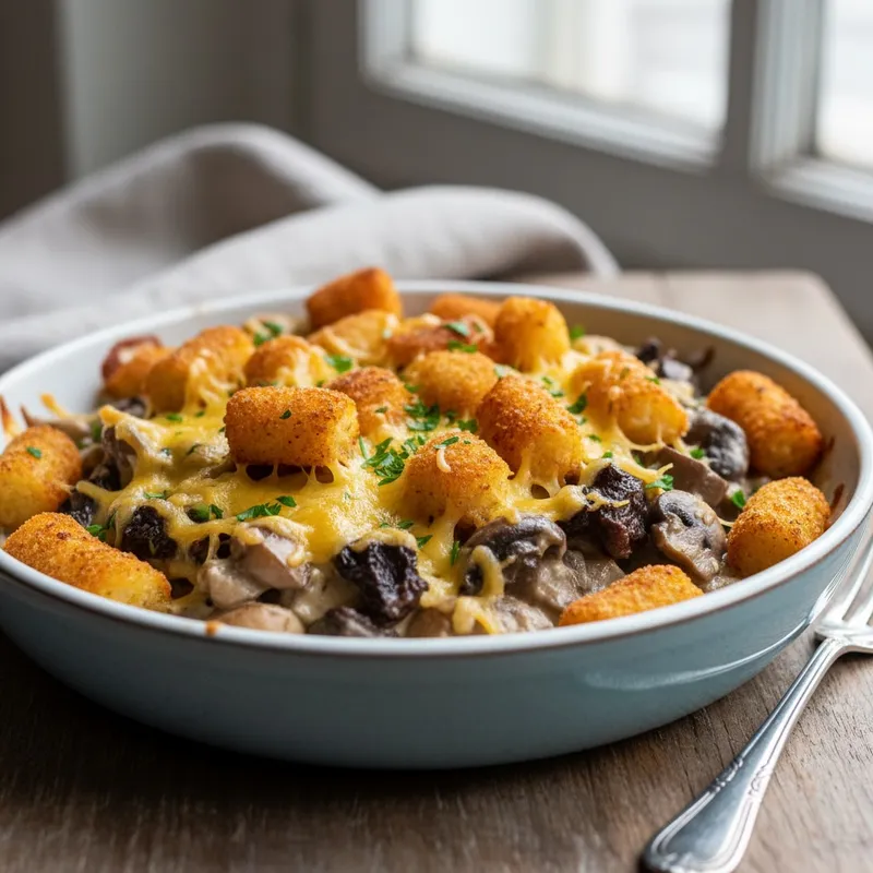 Ein herzhafter Auflauf in einer blauen Form, bestehend aus Pilzen in Sahnesauce, überbacken mit Käse und knusprigen Tater Tots (Kartoffelkroketten).